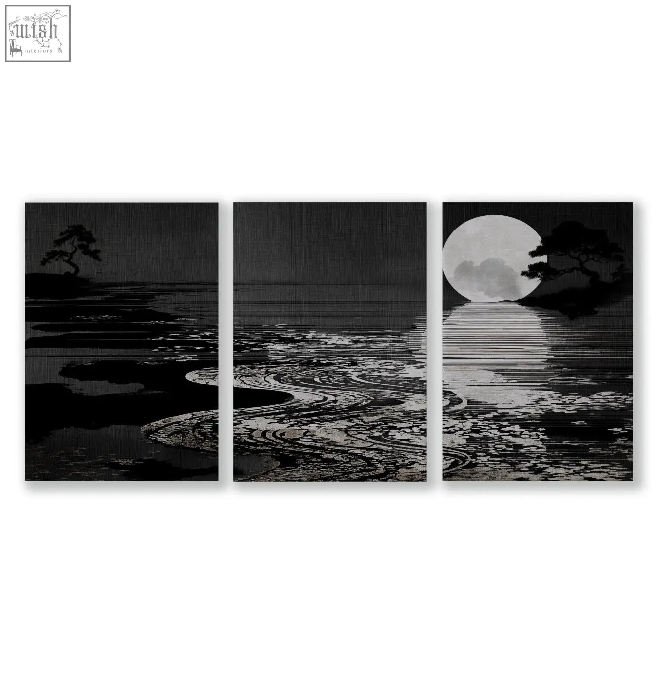 Black and white canvas pictures set of 3 featuring a serene moonlit shoreline with deep charcoal trees for living room