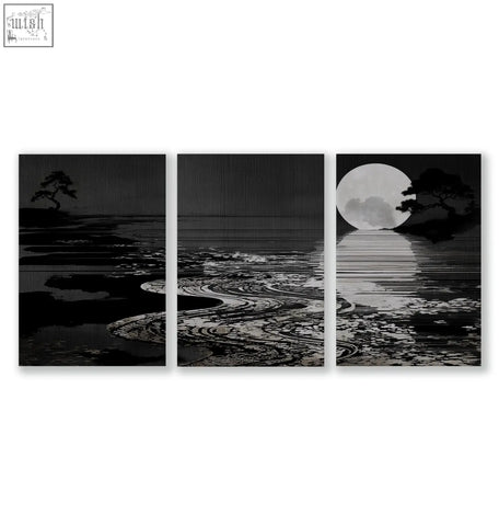 Black and white canvas pictures set of 3 featuring a serene moonlit shoreline with deep charcoal trees for living room