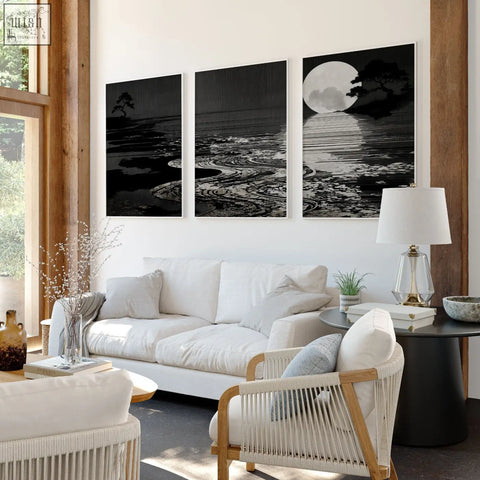 Three-panel black and white canvas pictures with deep charcoal tones showing a moonlit shoreline for living room decor