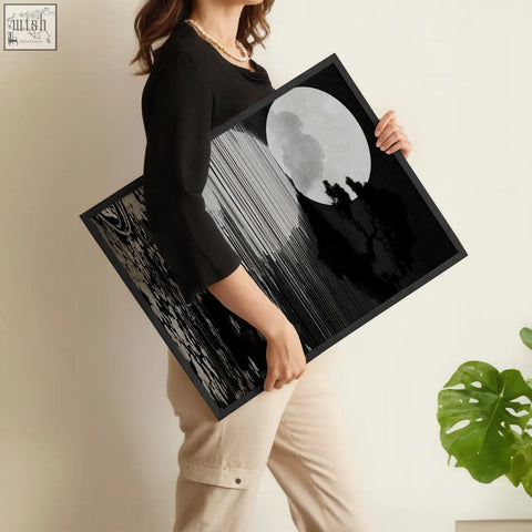 Black framed canvas picture set of 3 featuring deep charcoal full moon and silhouetted trees for living room decor
