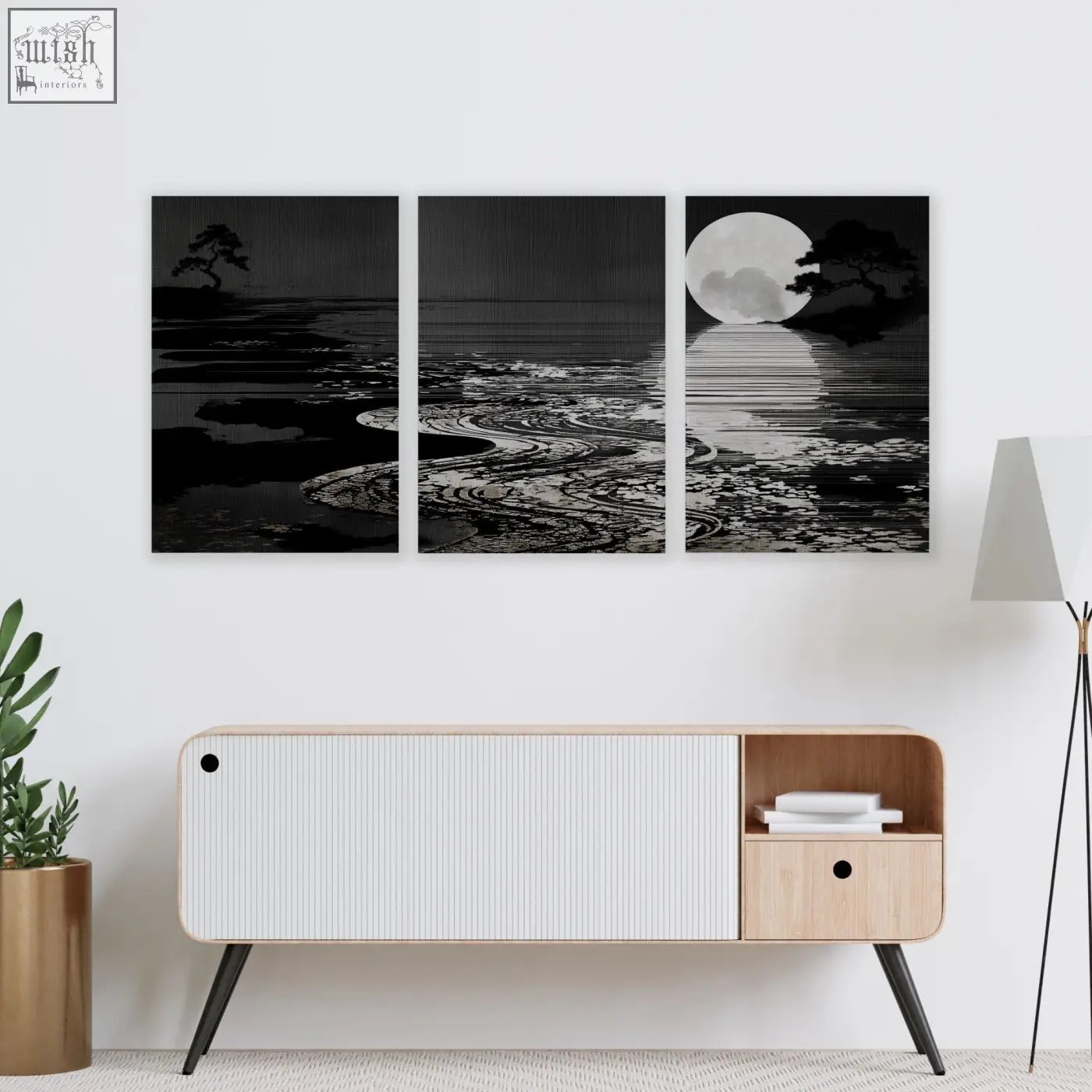Black and white canvas pictures in deep charcoal showing a serene moonlit lake scene for living room wall decor