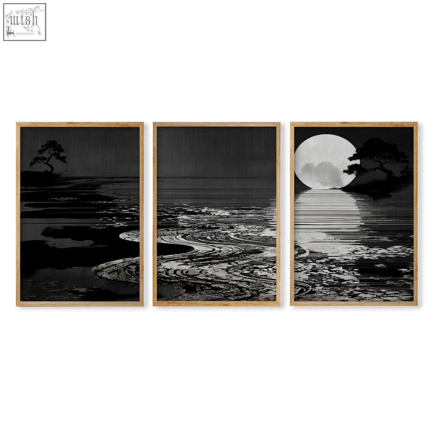 Set of three black and white canvas pictures with minimalist tree silhouettes for living room in deep charcoal tone