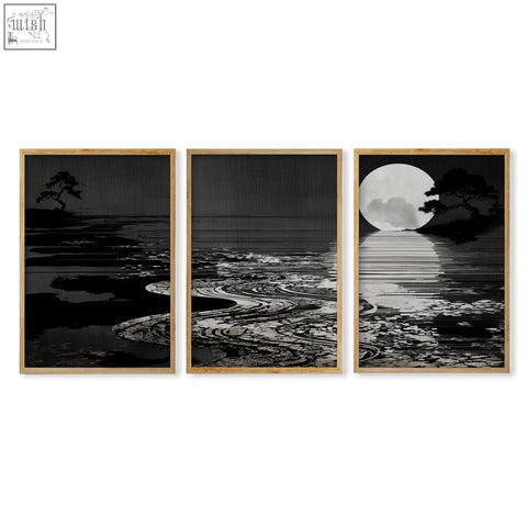 Set of three black and white canvas pictures with minimalist tree silhouettes for living room in deep charcoal tone