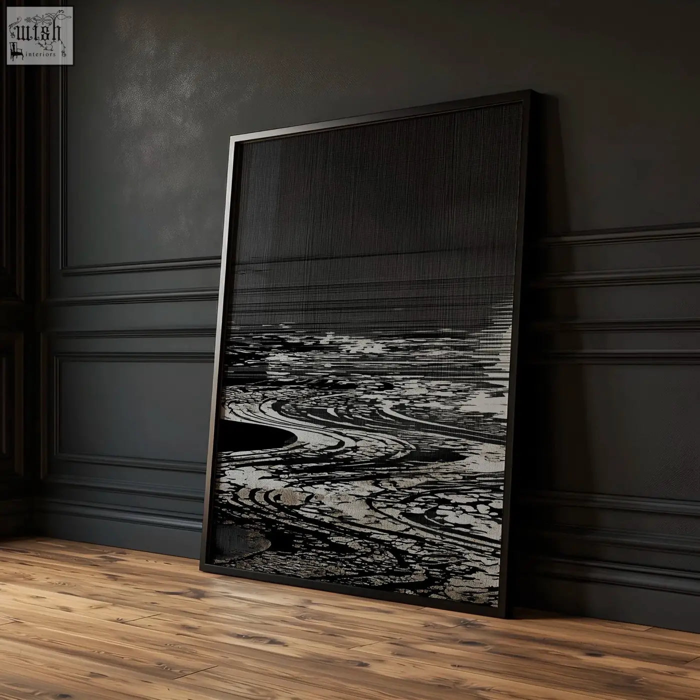 Black-framed canvas pictures featuring deep charcoal textured rippling water perfect for living room decor