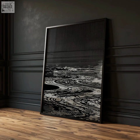Black-framed canvas pictures featuring deep charcoal textured rippling water perfect for living room decor