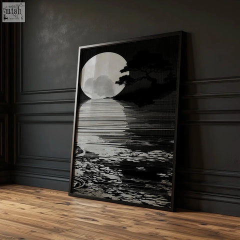 Black-framed minimalist canvas pictures showing a deep charcoal moon and tree silhouette for living room decor