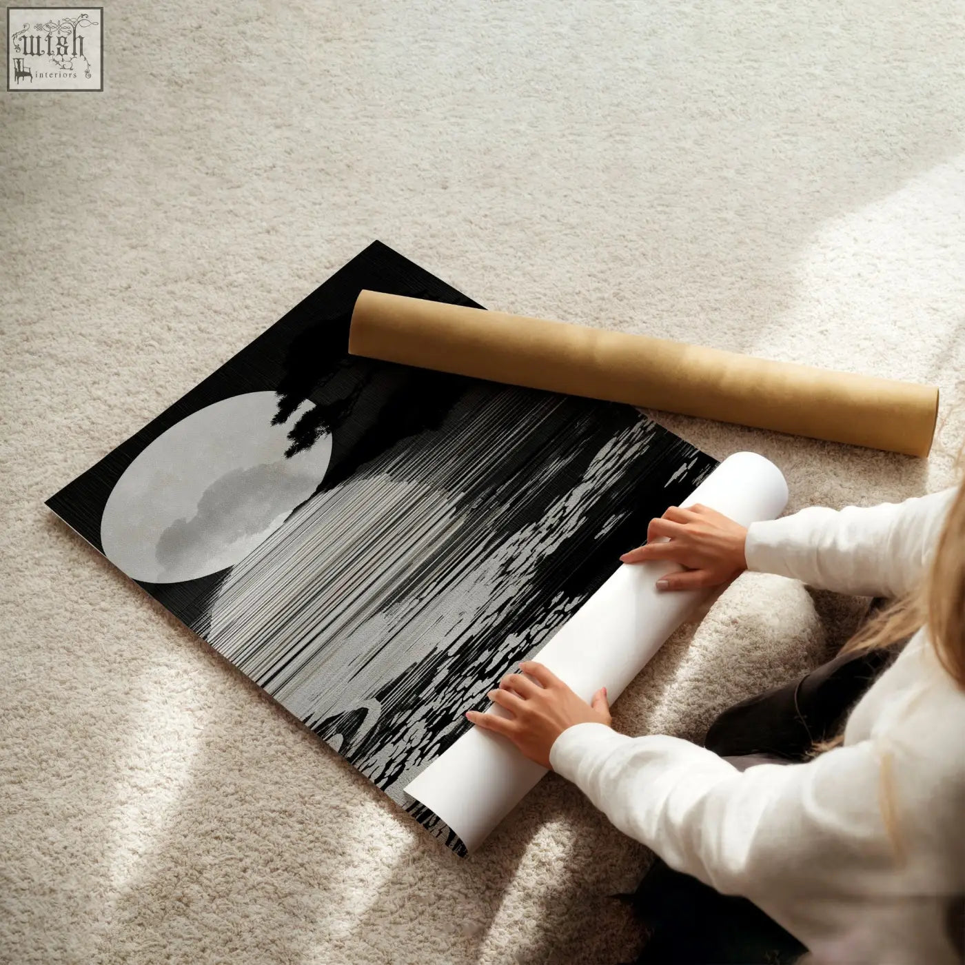 Black and white canvas pictures with stylized moon and deep charcoal brushstrokes for living room japandi decor