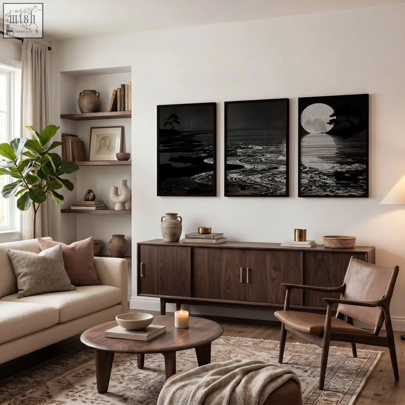 Dark wood sideboard with sleek metal handles and deep charcoal canvas pictures for living room Japandi moon landscape set of 3