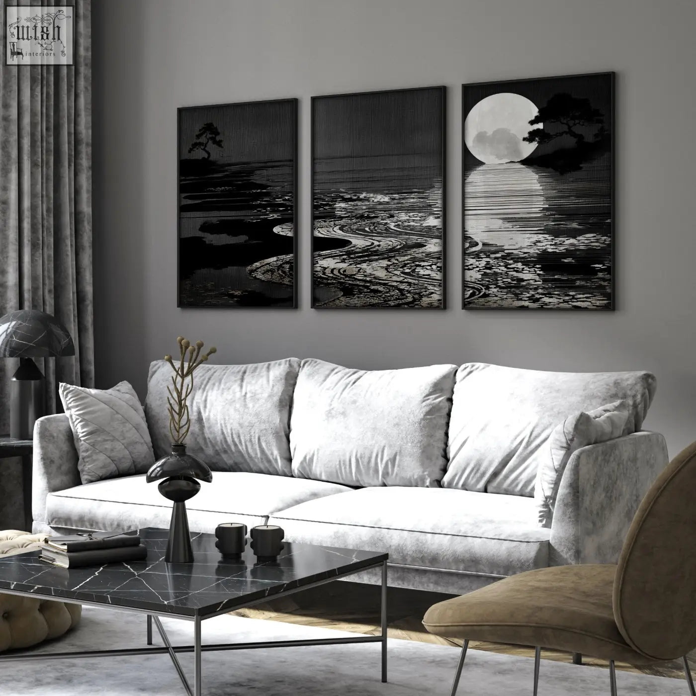 Gray velvet sofa with plush cushions and deep charcoal canvas pictures for living room japandi moon landscape set of 3