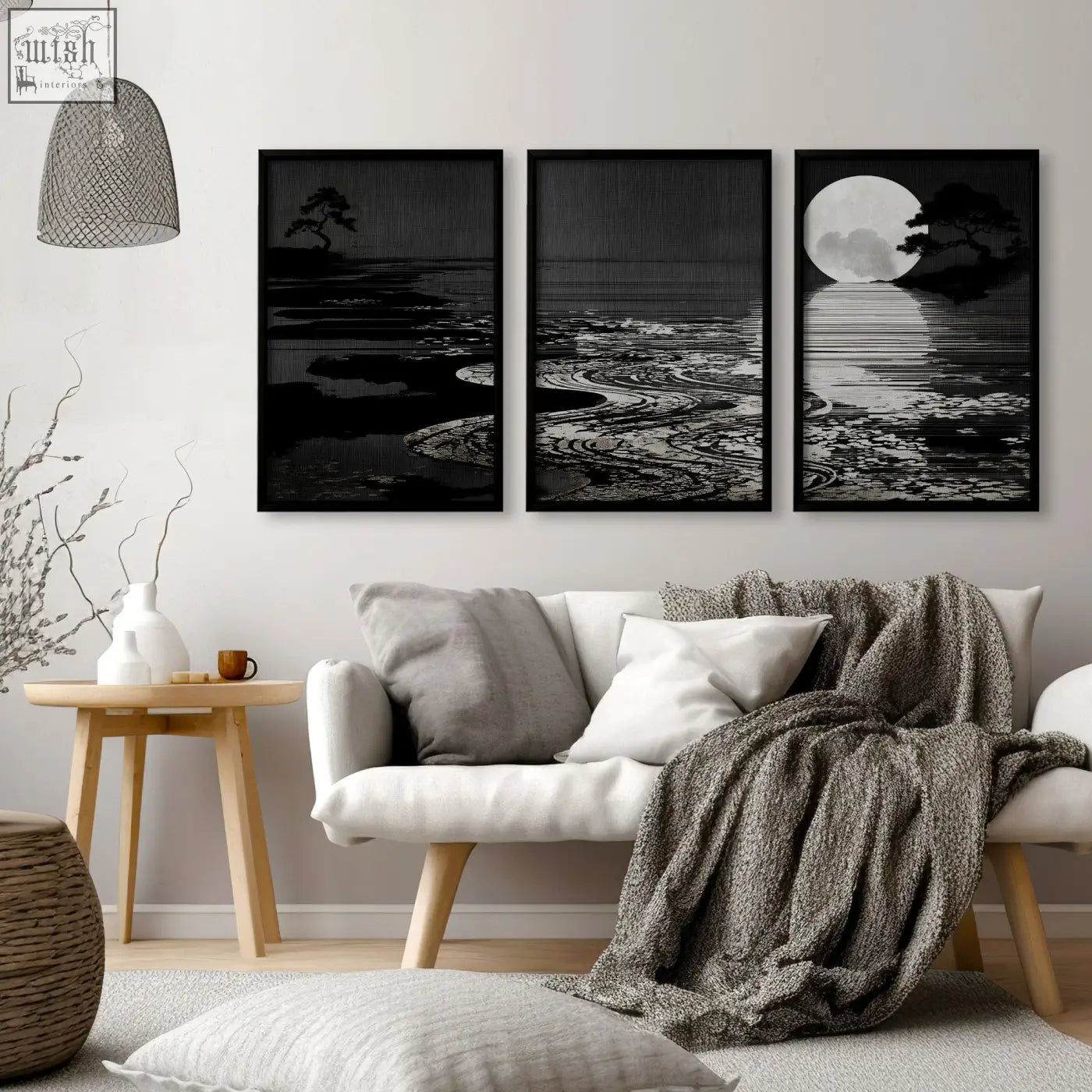 Three black-framed minimalist canvas pictures with deep charcoal moonlit coastal scenes for living room decor