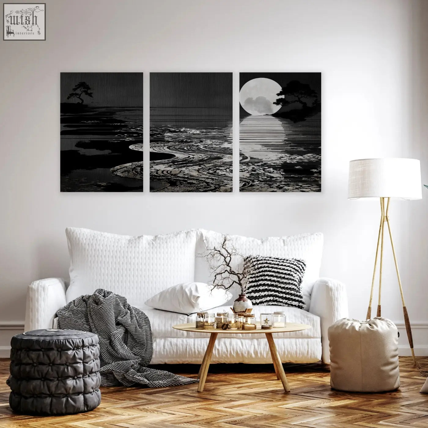 Black and white canvas pictures set of 3 featuring serene japandi moon landscape with deep charcoal trees for living room