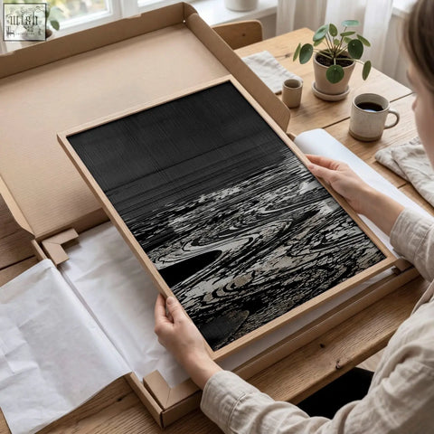 Minimalist black and white canvas picture with deep charcoal tones in a light wood frame for living room wall decor