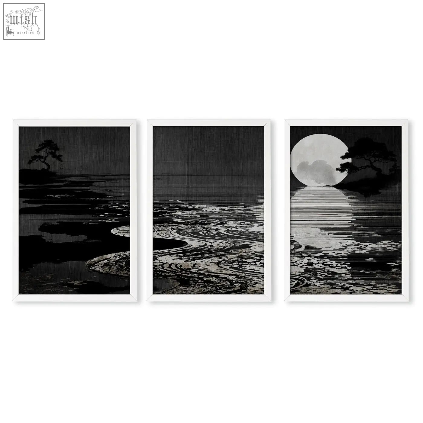 Set of three black and white canvas pictures with deep charcoal coastal scenes for living room Japandi moon landscape