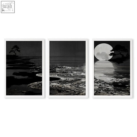 Set of three black and white canvas pictures with deep charcoal coastal scenes for living room Japandi moon landscape