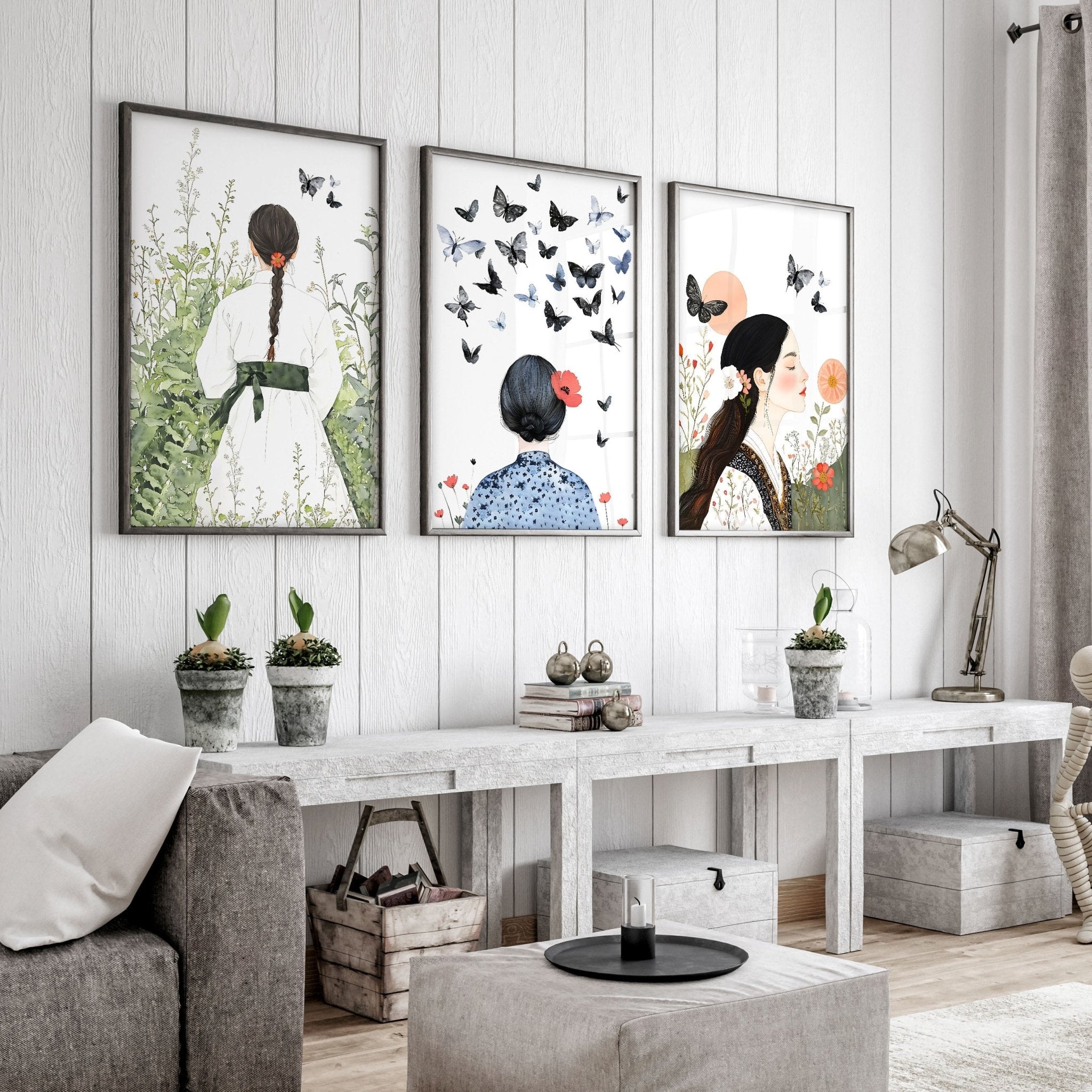 Canvas Pictures For Living Room | Set of 3 Boho Women Wall art Prints