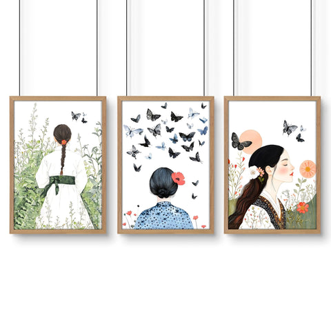 Canvas Pictures For Living Room | Set of 3 Boho Women Wall art Prints
