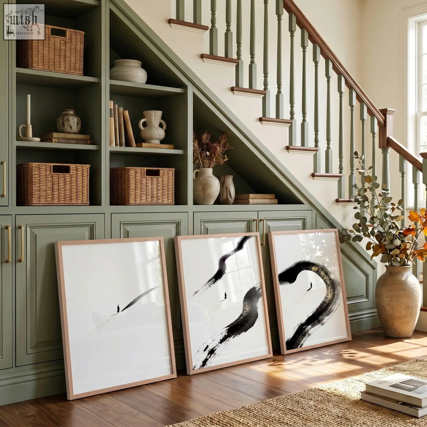 Three framed canvas zen wall art prints featuring black ink brushstroke and minimalist japanese design leaning on green cabinet