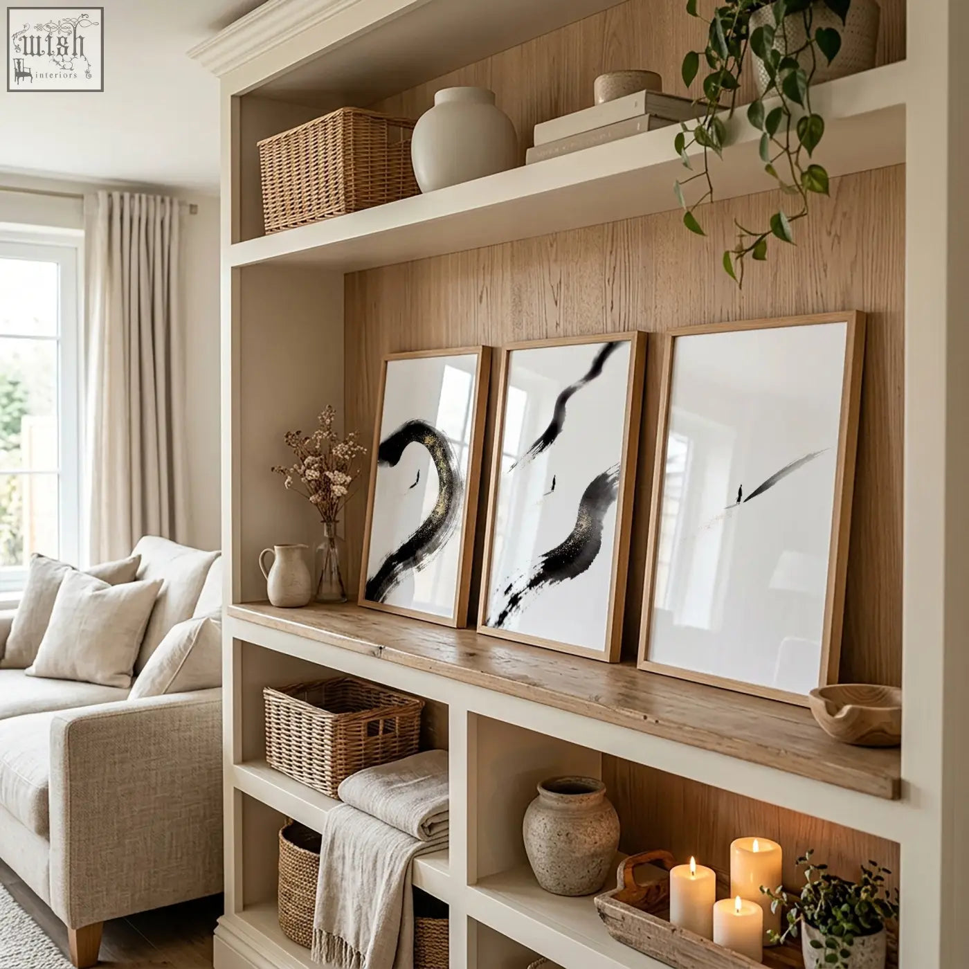 Three canvas zen wall art prints featuring black ink brushstroke designs in light wood frames for minimalist decor