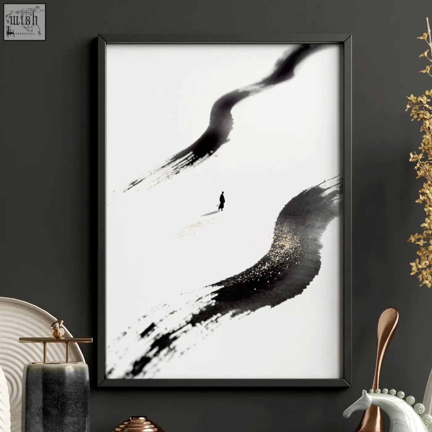 Black ink brushstroke canvas zen wall art featuring minimalist black framed print with lone figure walking along path