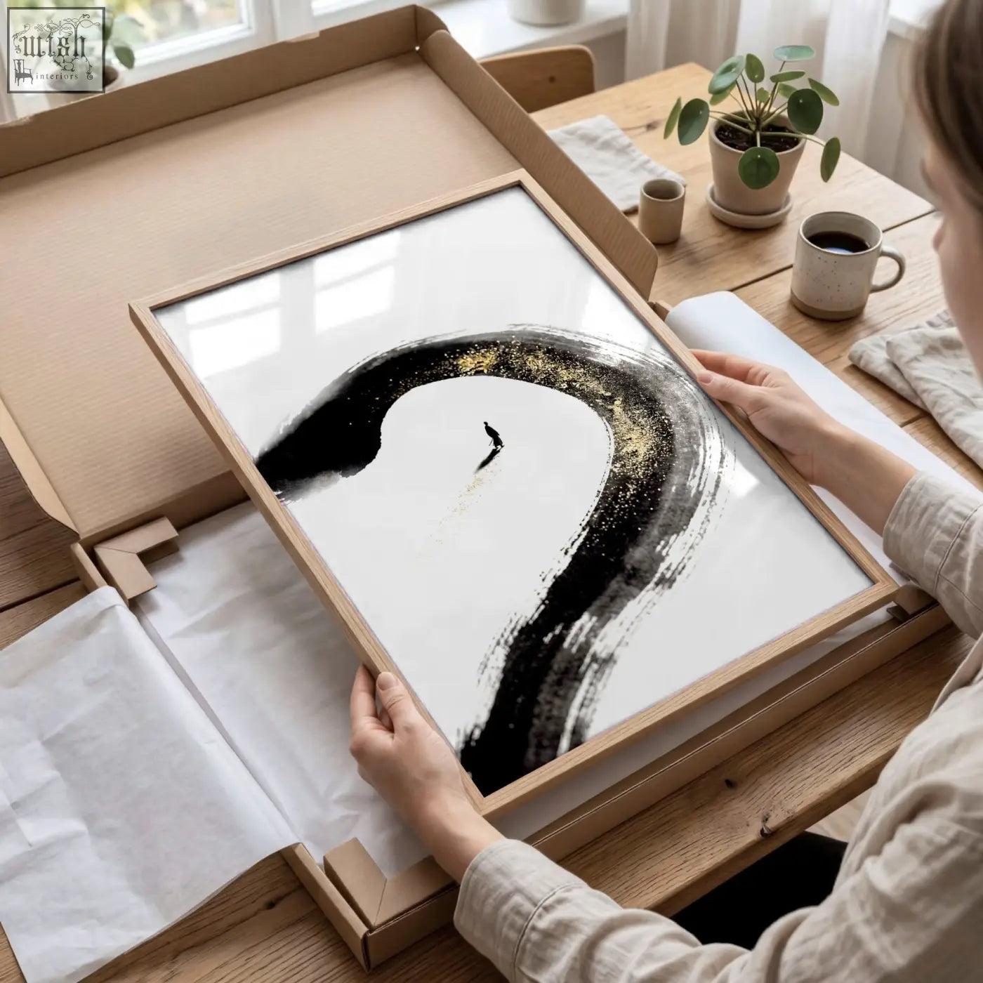 Minimalist canvas zen wall art with bold black ink and gold brushstroke in light wood frame on white paper