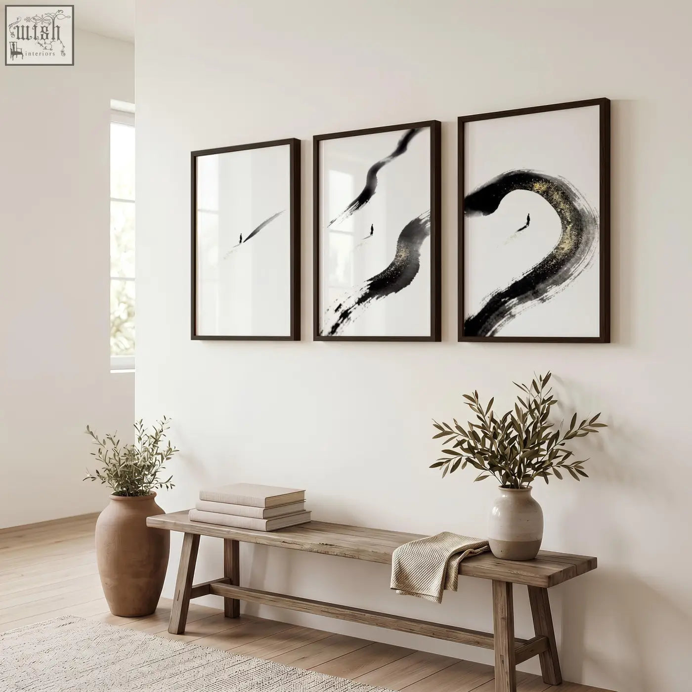 Set of three framed black ink brushstroke canvas zen wall art with dark wooden frames for minimalist decor