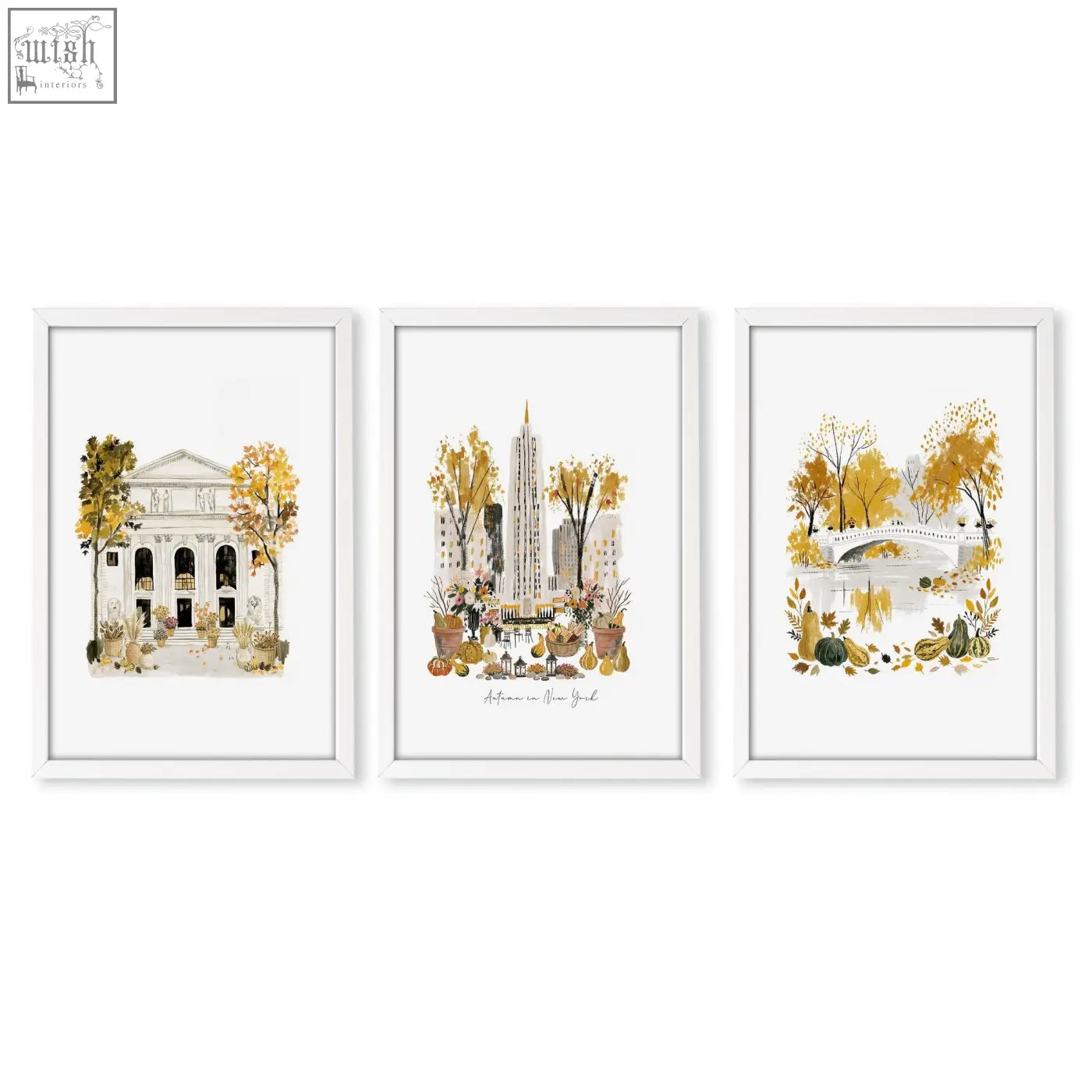 Set of three white-framed watercolor art prints showing autumn in new york city perfect for living room wall art