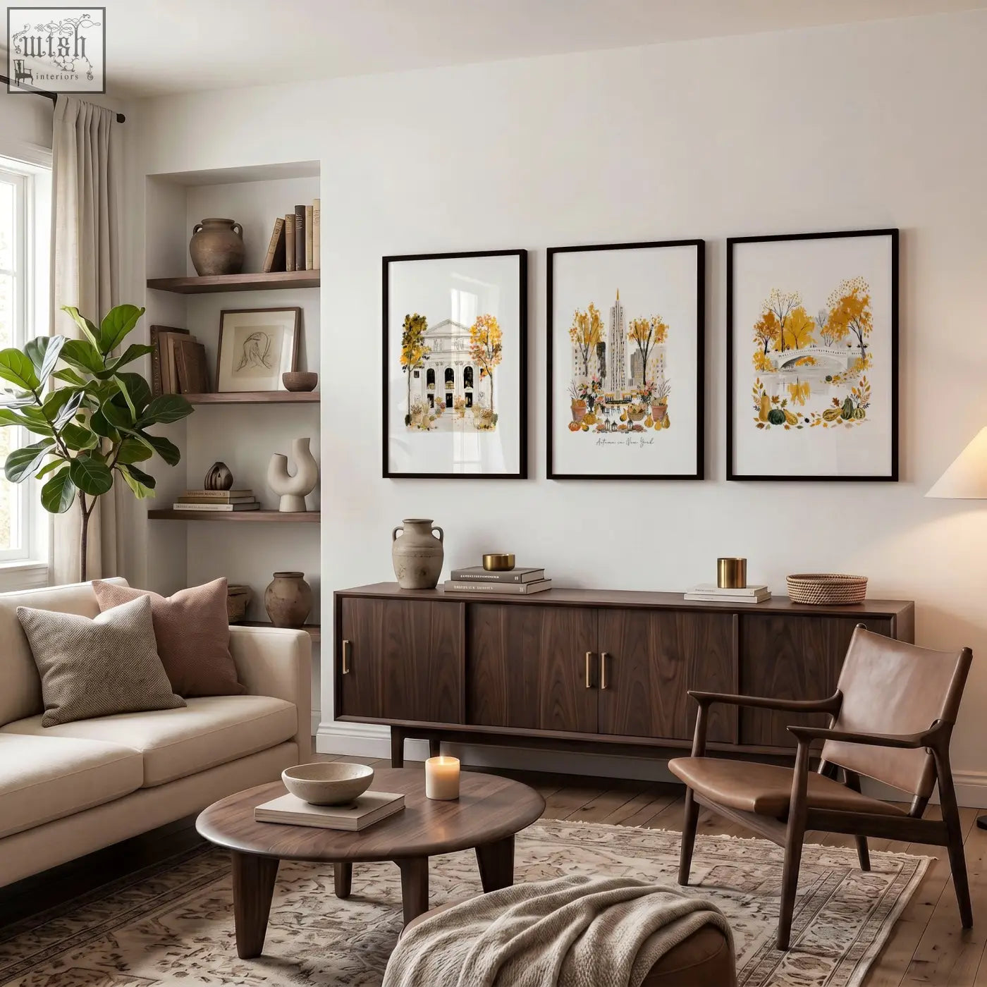 Dark wood sideboard with sleek metal handles and minimalist design complementing autumn in new york living room wall art prints