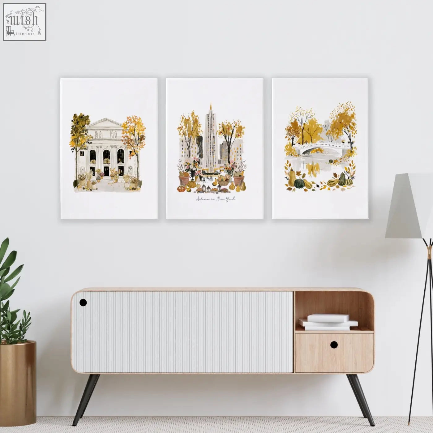 Set of three autumn-themed NYC travel art prints featuring landmarks and foliage perfect for living room wall art