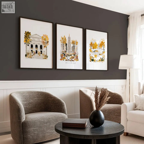 Black ceramic vase with dried pampas grass complements autumn in new york living room wall art prints set of 3