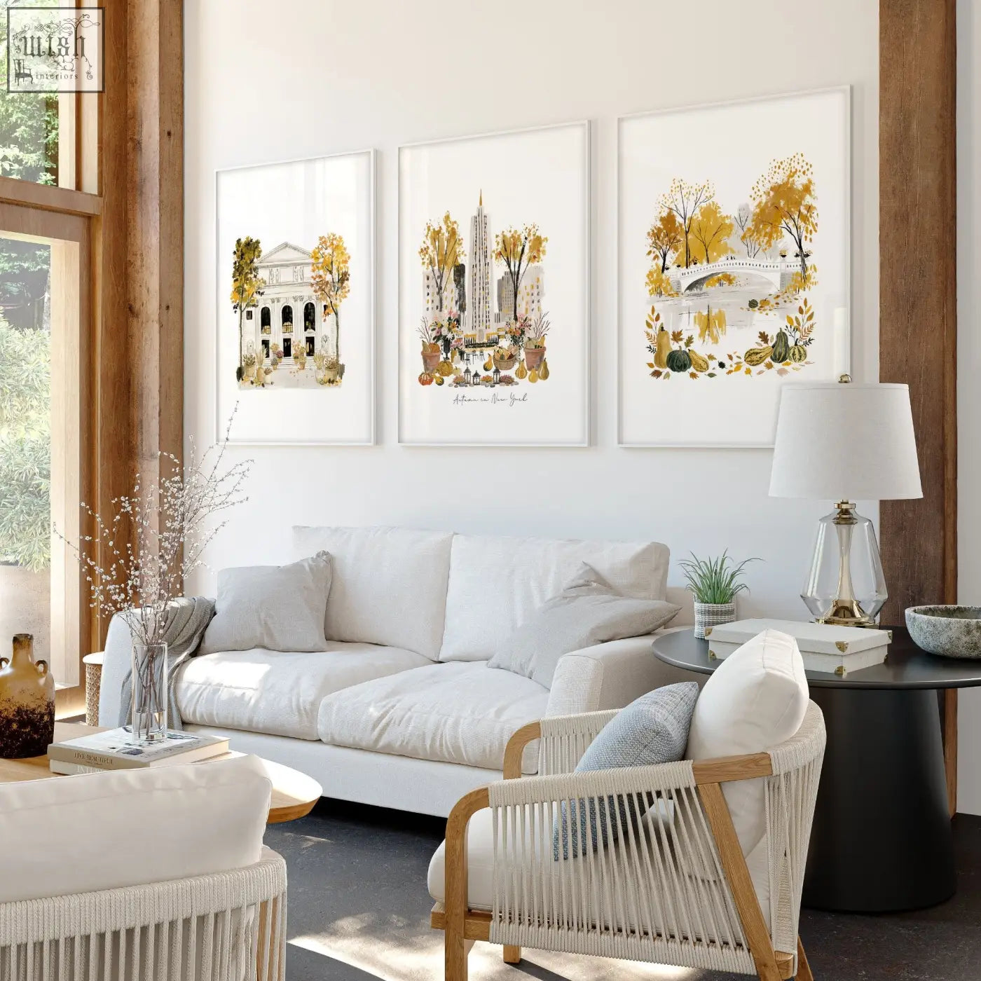 Three autumn-themed white framed art prints showcasing new york city scenes perfect for living room wall art