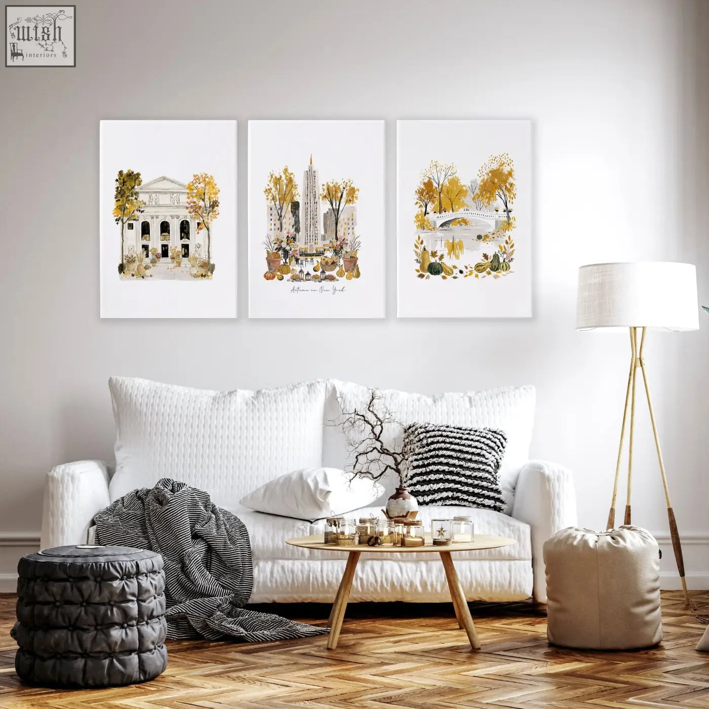Set of 3 autumn in new york watercolor art prints with golden foliage for living room wall art decor