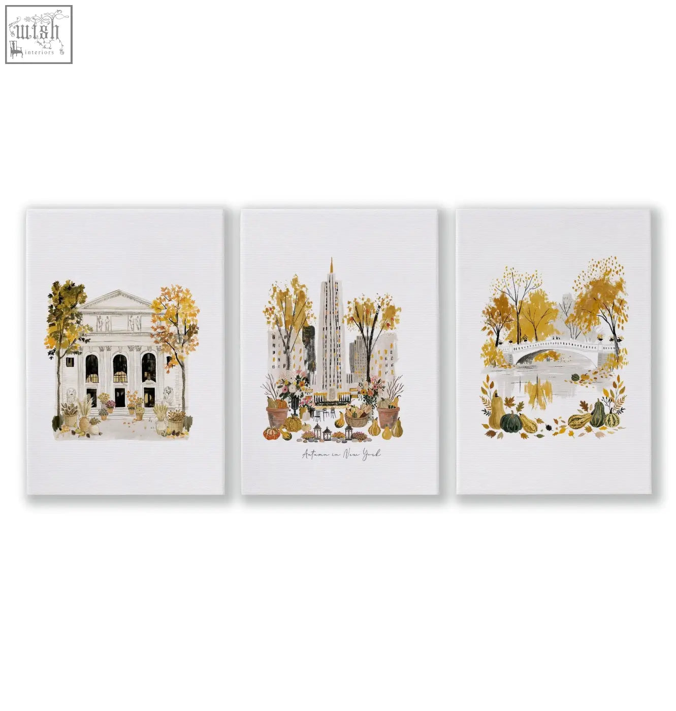 Set of three white canvas art prints with autumn new york city scenes perfect for living room wall art decor
