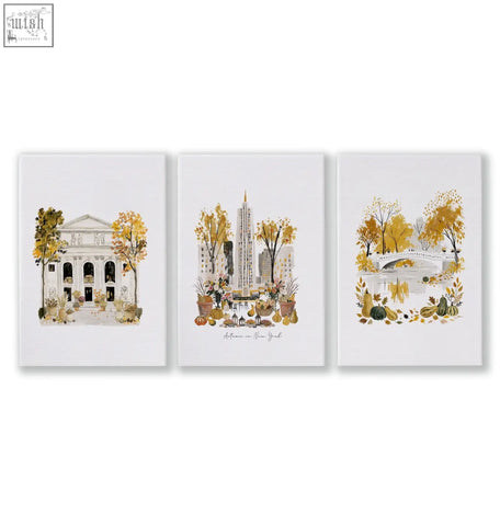 Set of three white canvas art prints with autumn new york city scenes perfect for living room wall art decor