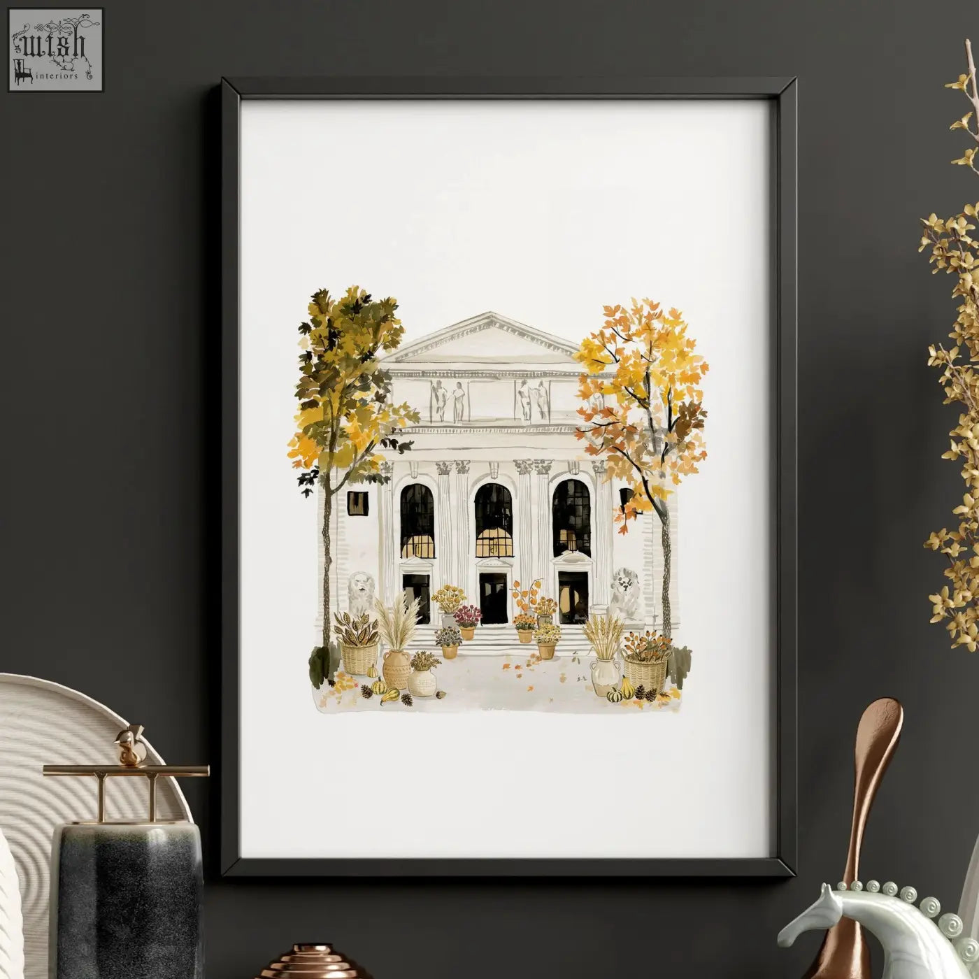 A framed watercolor art print of a classical building with autumn trees in a black frame perfect for living room wall art