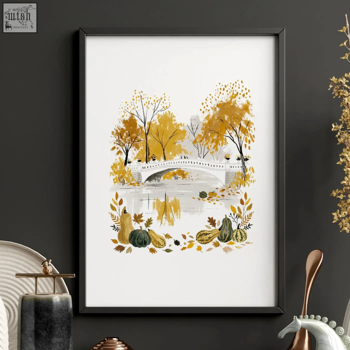 Framed autumn-themed wall art print with white bridge golden trees and pumpkins perfect for living room decor