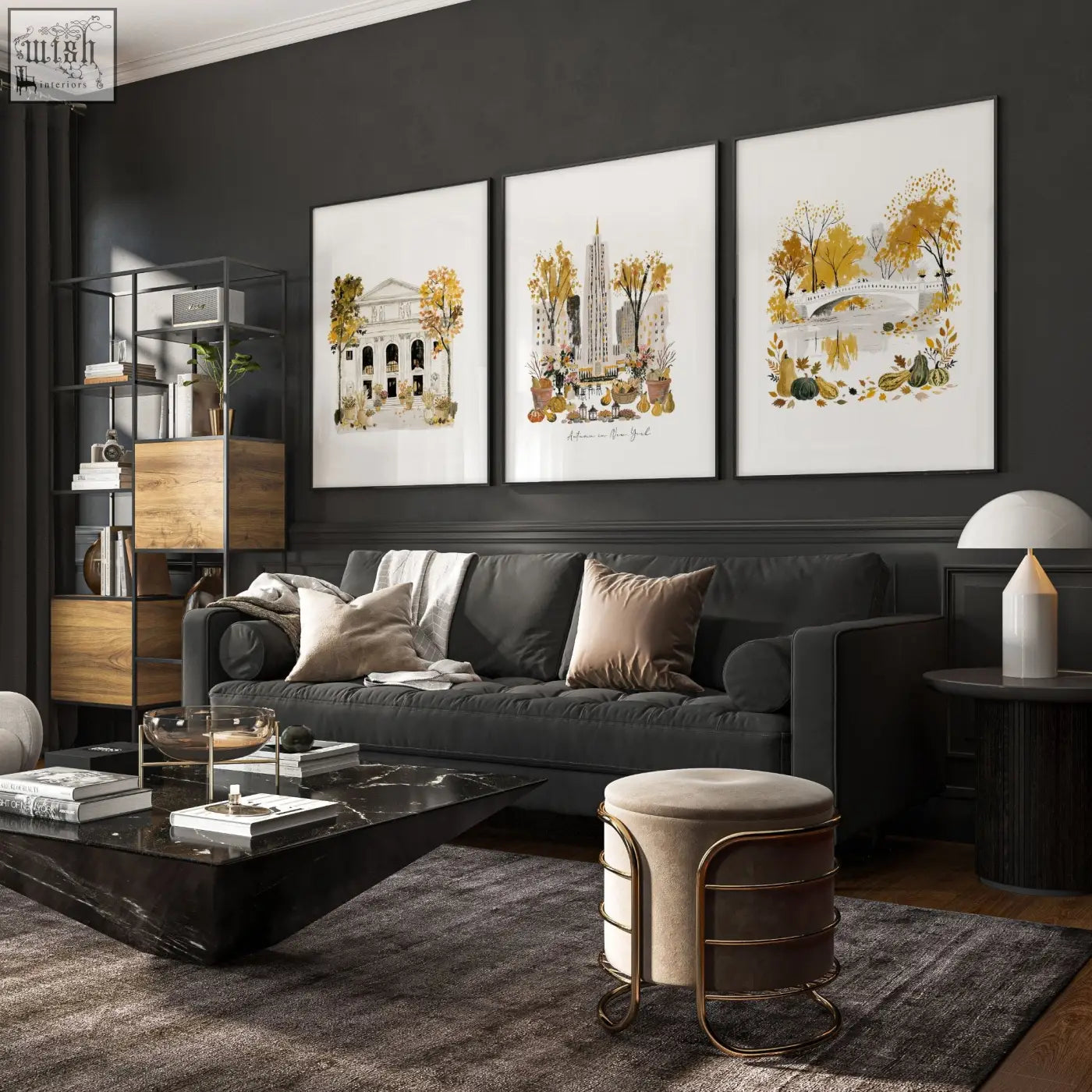 Dark gray upholstered sofa with beige and taupe pillows in living room featuring autumn in new york wall art prints set