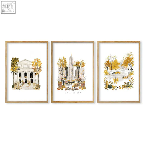 Set of three framed autumn-themed watercolor wall art prints in light wood frames for living room decor