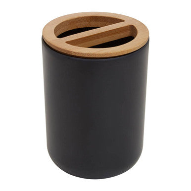 Black ceramic canyon black toothbrush holder with natural wood lid and two horizontal slits for toothbrushes