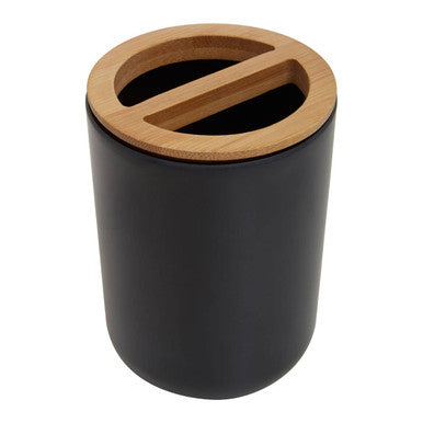 Canyon black toothbrush holder made of black cylinder with bamboo lid featuring two horizontal slots for toothbrushes
