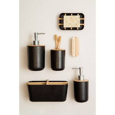 Black matte finish canyon black toothbrush holder made of bamboo with metallic accents for bathroom use