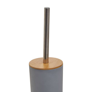 Canyon grey toilet brush holder with grey cylindrical body natural wood lid and sleek metallic handle
