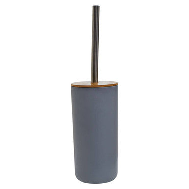 Canyon grey toilet brush holder with grey matte finish, bamboo lid, and sleek metallic handle for bathroom use