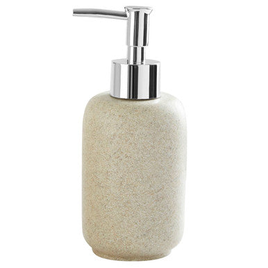 Beige speckled ceramic stone effect lotion dispenser with sleek chrome pump for natural stone effect bathroom use