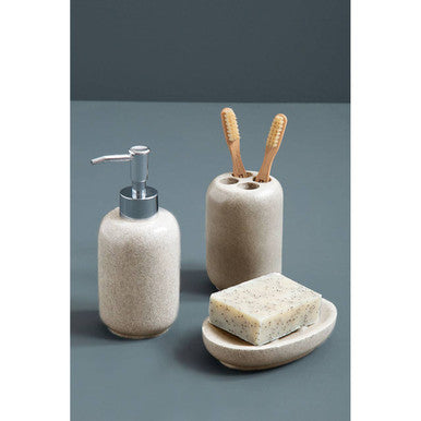 Beige speckled ceramic bathroom set with natural stone effect toothbrush holder pump dispenser and soap dish