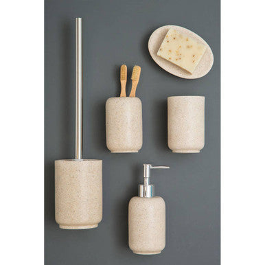 Beige speckled ceramic stone effect toothbrush holder with brushed metal pump and handle natural stone effect design