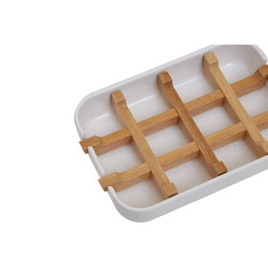 Canyon white soap dish with a white ceramic base and bamboo grid insert for holding white soap securely