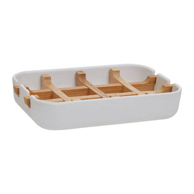 White soap dish made of ceramic with light wood slats for holding bars of soap canyon white soap dish