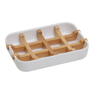 Canyon white soap dish with white ceramic base and light brown bamboo dividers for holding white soap