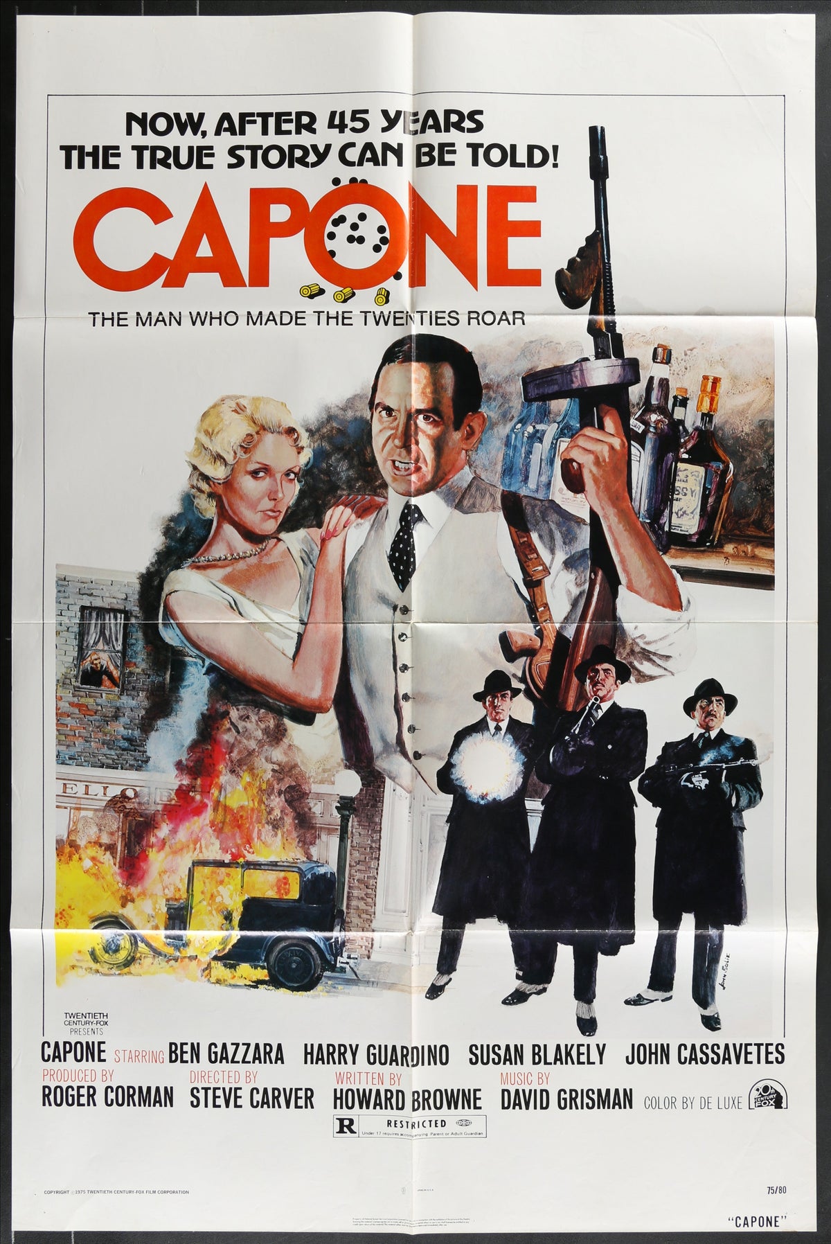 Vintage movie poster for the 1973 film capone with bold red and black lettering featuring ben gazzara in white suit