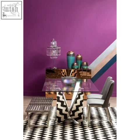 Black and white chevron fabric dining table runner with large ribbed ceramic vase centerpiece for stylish decor
